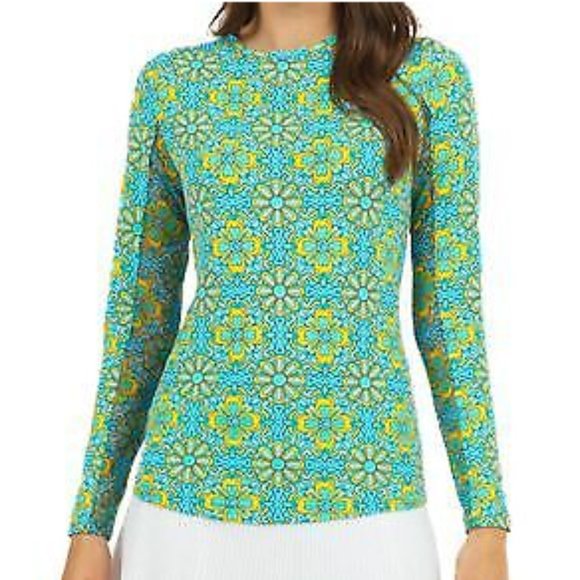 IBKUL Long Sleeve Crew Neck Top Scarlet Print Turquoise S and L - Picture 1 of 8